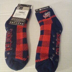 NHL Columbus Blue Jackets 2 Socks OSFM One Size For Bare Feet Plaid Red Blue